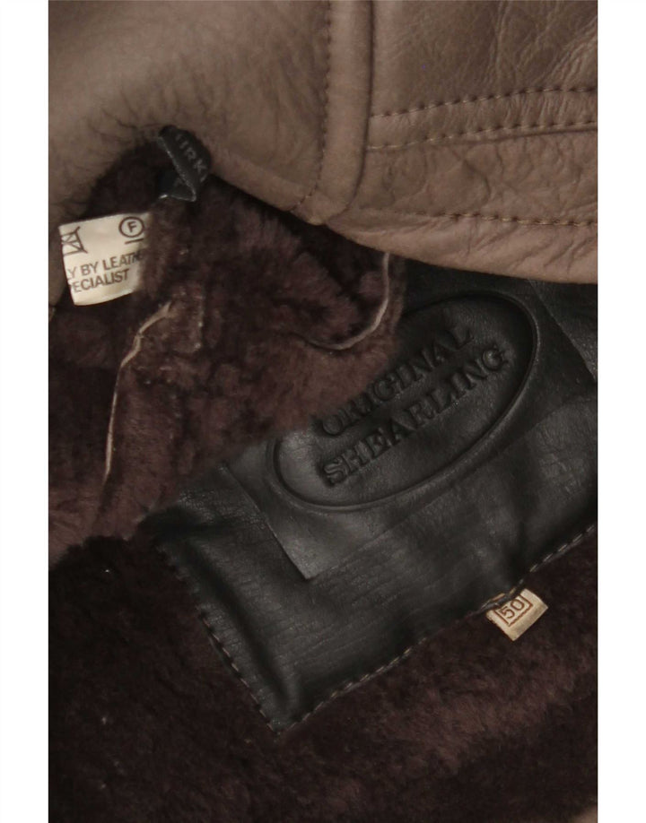 Vintage Mens Double Breasted Shearling Jacket IT 50 Large Brown Leather
