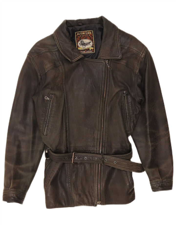 Vintage Womens Leather Oversized Biker Jacket UK 10 Small Brown Leather