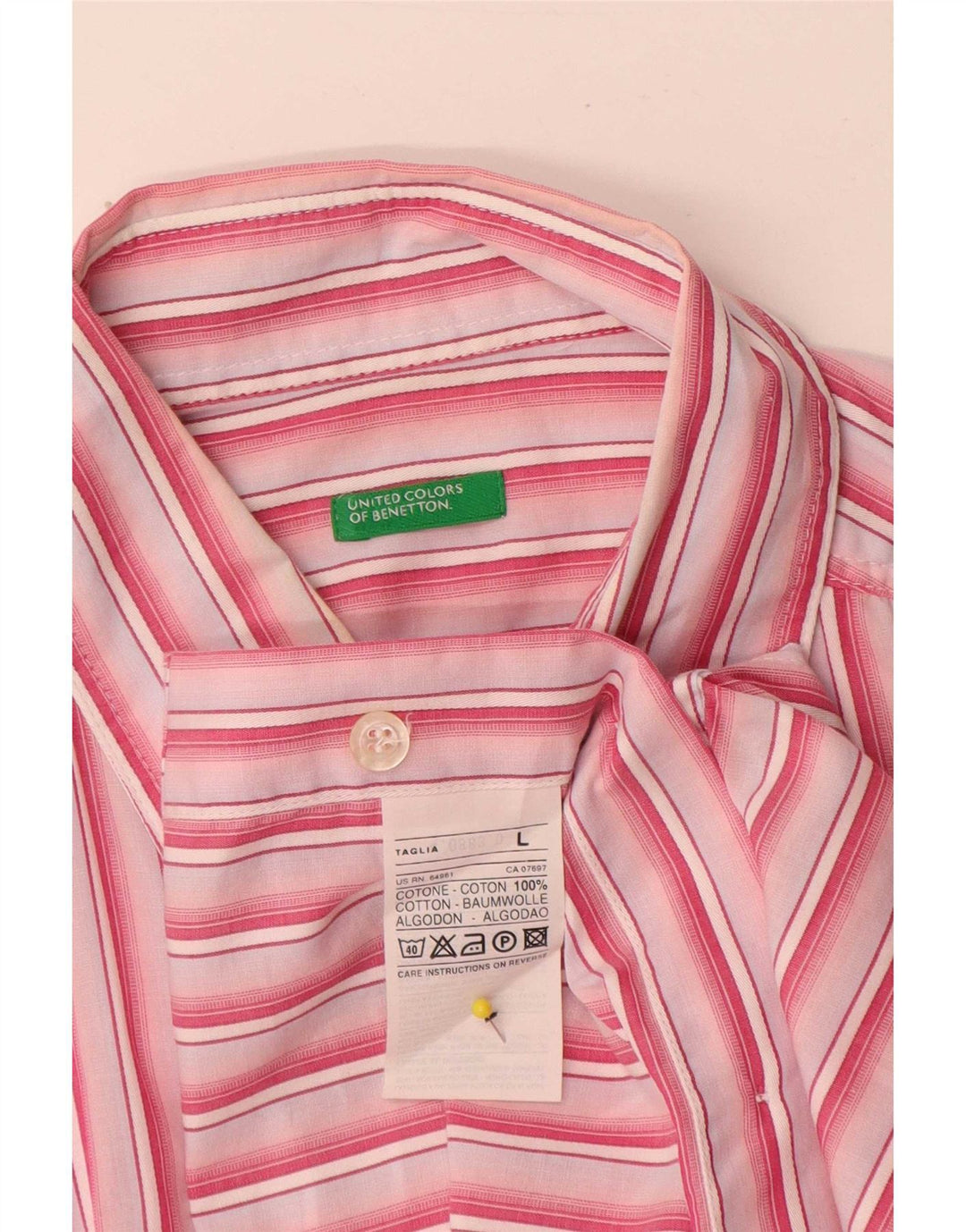 Benetton Mens Short Sleeve Shirt Large Pink Striped Cotton