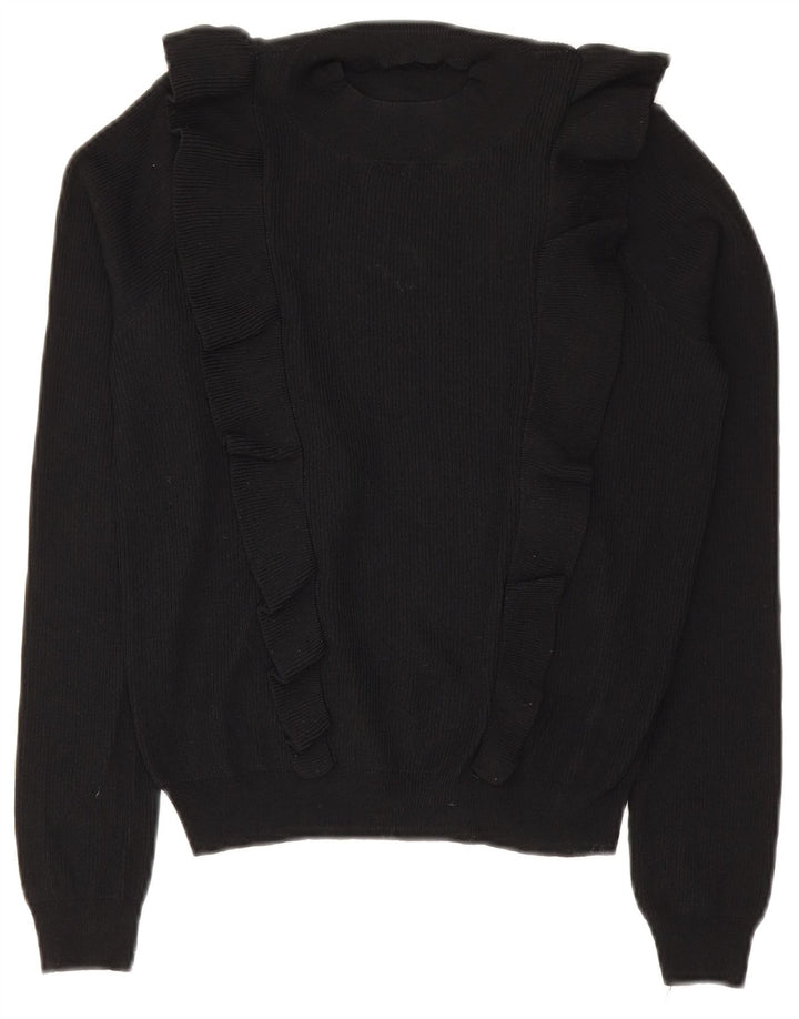 Zara Womens Ruffle Front Crew Neck Jumper Sweater UK 12 Medium Black