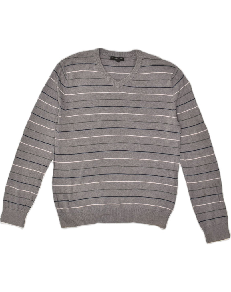 BANANA REPUBLIC Mens V-Neck Jumper Sweater Small Grey Striped Cotton | Vintage Banana Republic | Thrift | Second-Hand Banana Republic | Used Clothing | Messina Hembry 