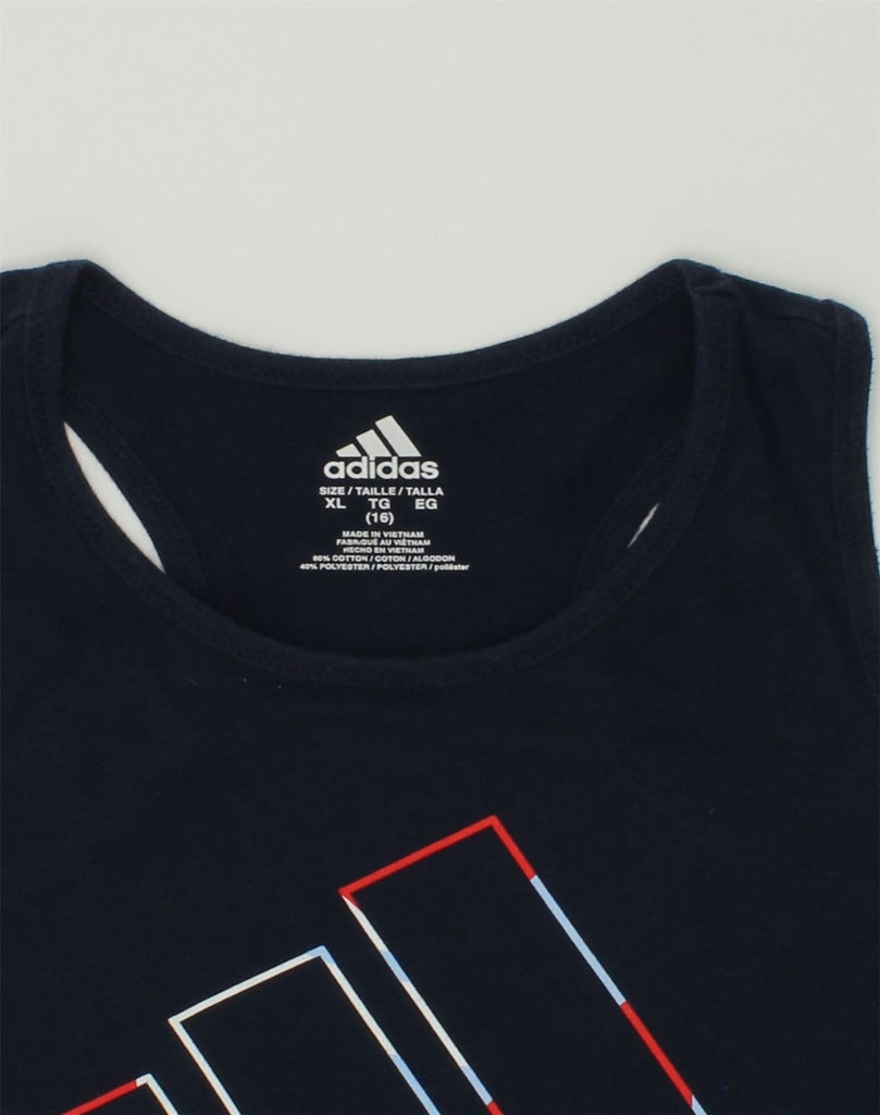 ADIDAS Girls Graphic Vest Top 15-16 Years Navy Blue Cotton | Vintage Adidas | Thrift | Second-Hand Adidas | Used Clothing | Messina Hembry 