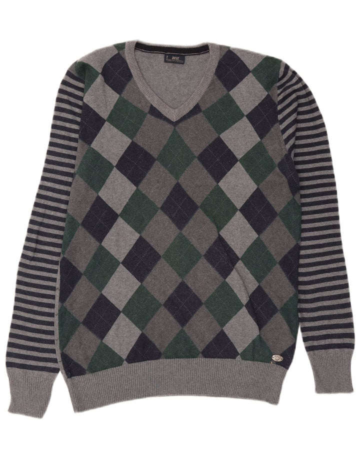 RIFLE Mens V-Neck Jumper Sweater Large Grey Argyle/Diamond