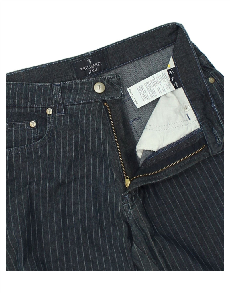 TRUSSARDI Mens Bootcut Jeans W24 L33 Navy Blue Pinstripe Cotton | Vintage Trussardi | Thrift | Second-Hand Trussardi | Used Clothing | Messina Hembry 