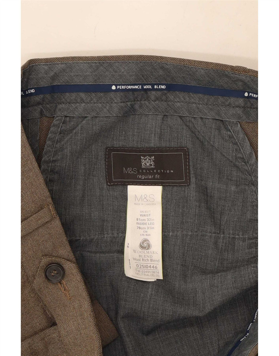 Marks & Spencer Mens Regular Fit Suit Trousers W32 L31 Beige Wool