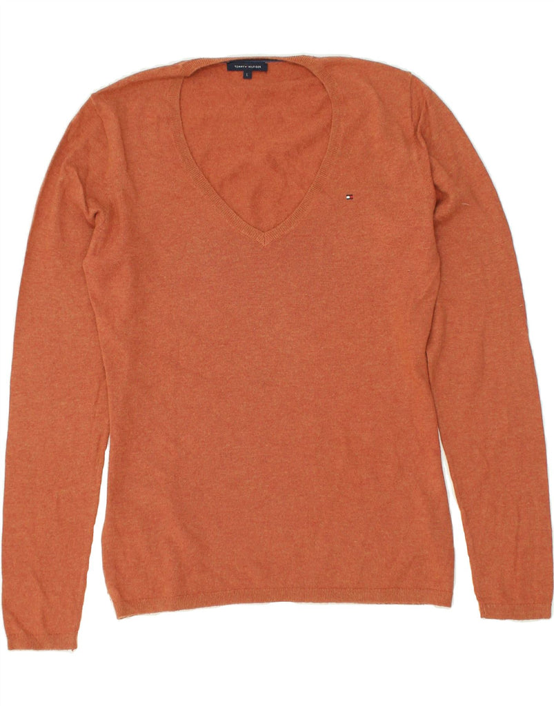 TOMMY HILFIGER Womens V-Neck Jumper Sweater UK 14 Large Orange Wool | Vintage Tommy Hilfiger | Thrift | Second-Hand Tommy Hilfiger | Used Clothing | Messina Hembry 