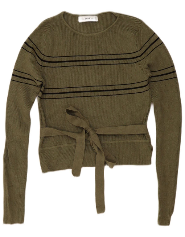 Zara Womens Crop Boat Neck Jumper Sweater UK 14 Large Khaki Striped Viscose