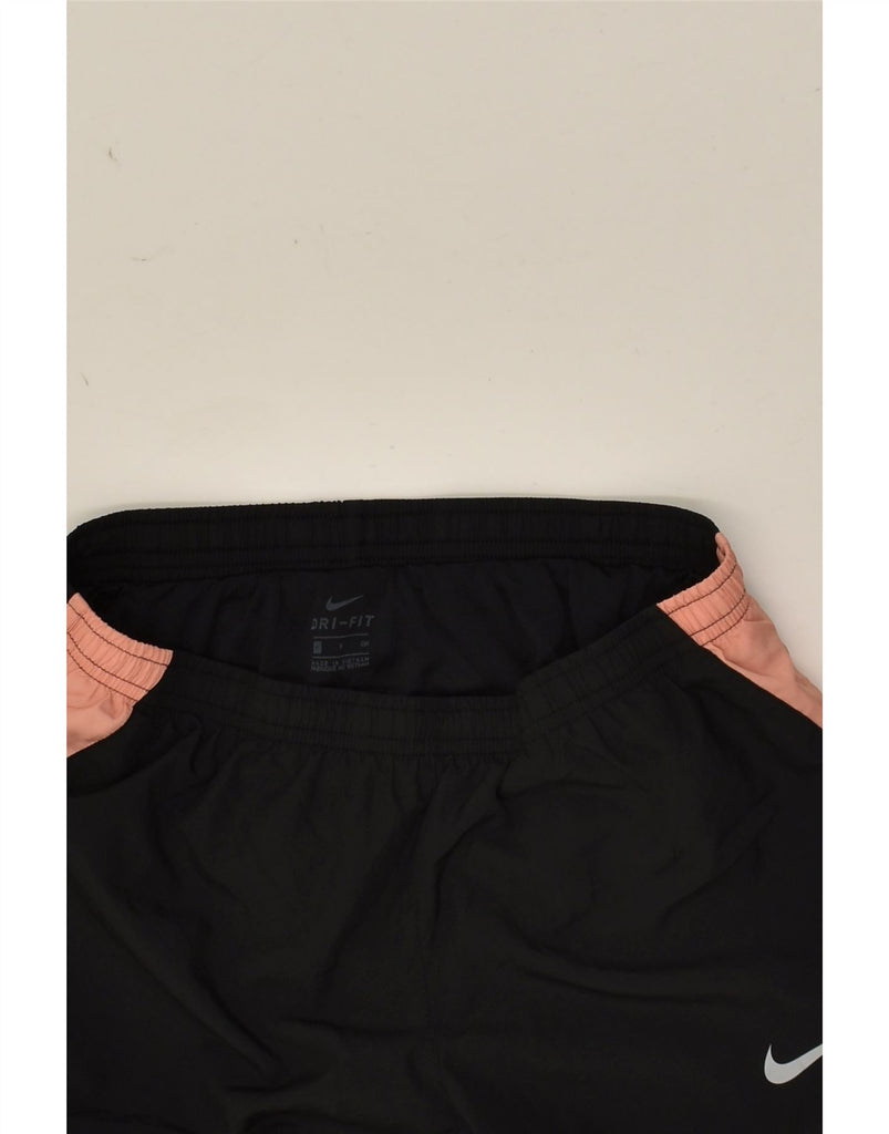 NIKE Womens Dri Fit Graphic Sport Shorts UK 10 Small Black Colourblock | Vintage Nike | Thrift | Second-Hand Nike | Used Clothing | Messina Hembry 