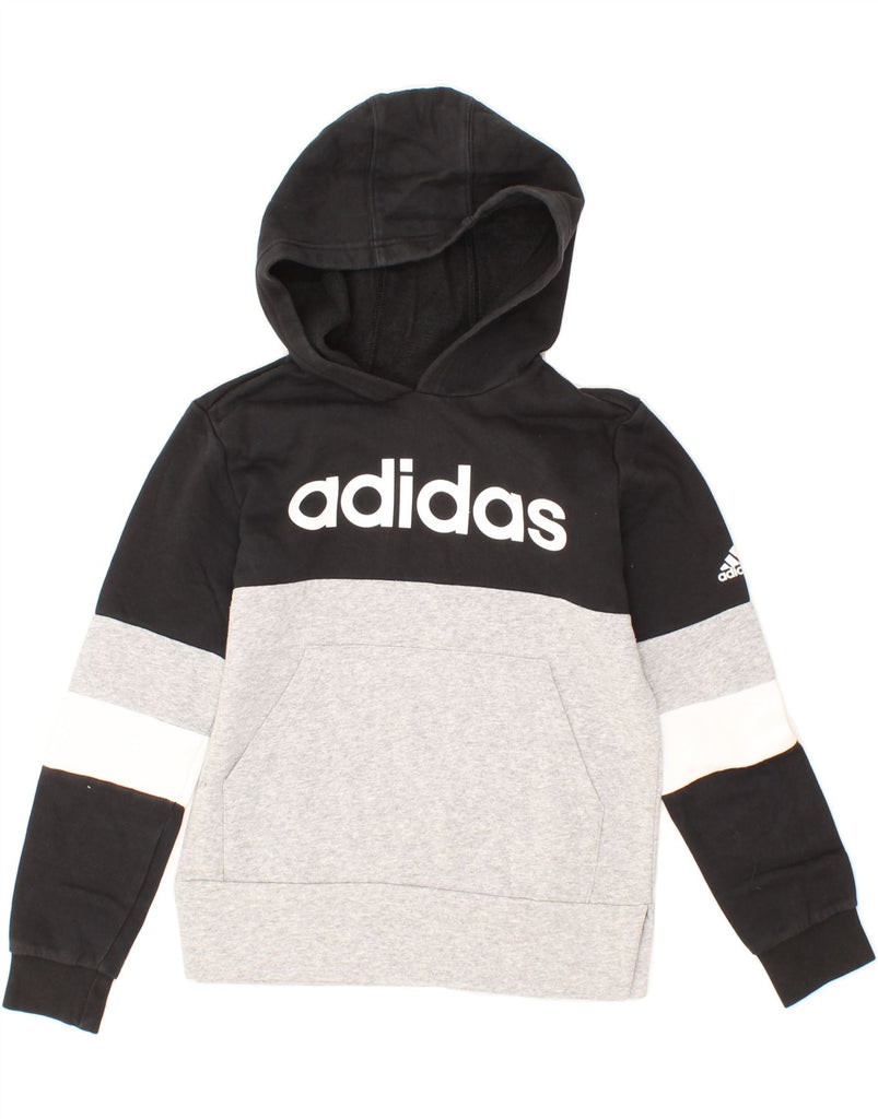 ADIDAS Boys Graphic Hoodie Jumper 9-10 Years Grey Colourblock Vintage Adidas and Second-Hand Adidas from Messina Hembry 