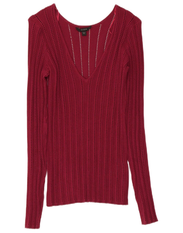 GUESS Womens V-Neck Jumper Sweater UK 12 Medium Burgundy Rayon