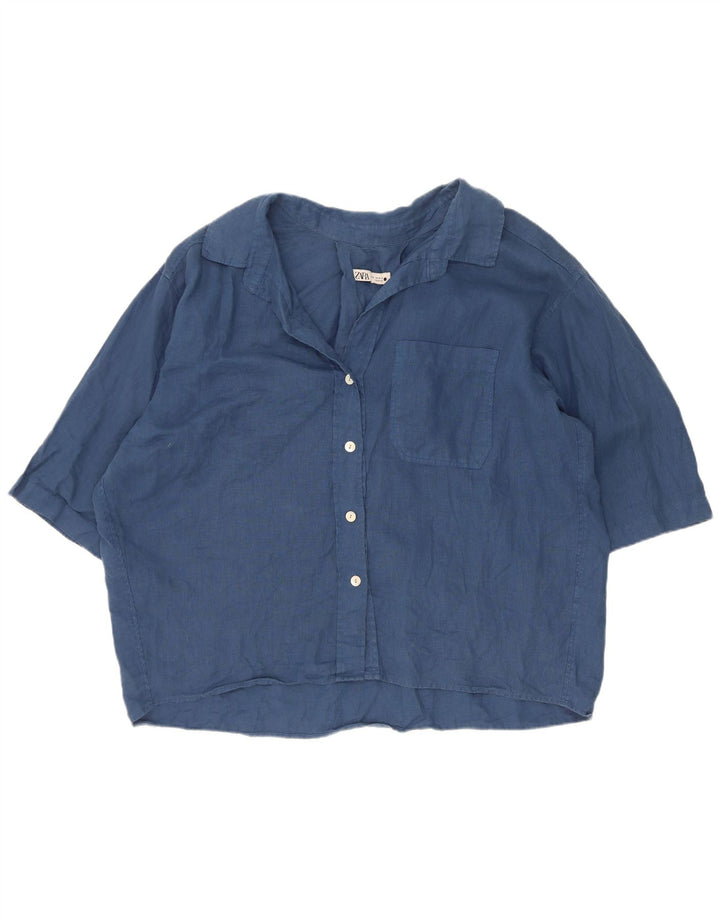 Zara Womens Short Sleeve Oversized Shirt Blouse UK 14 Medium Navy Blue