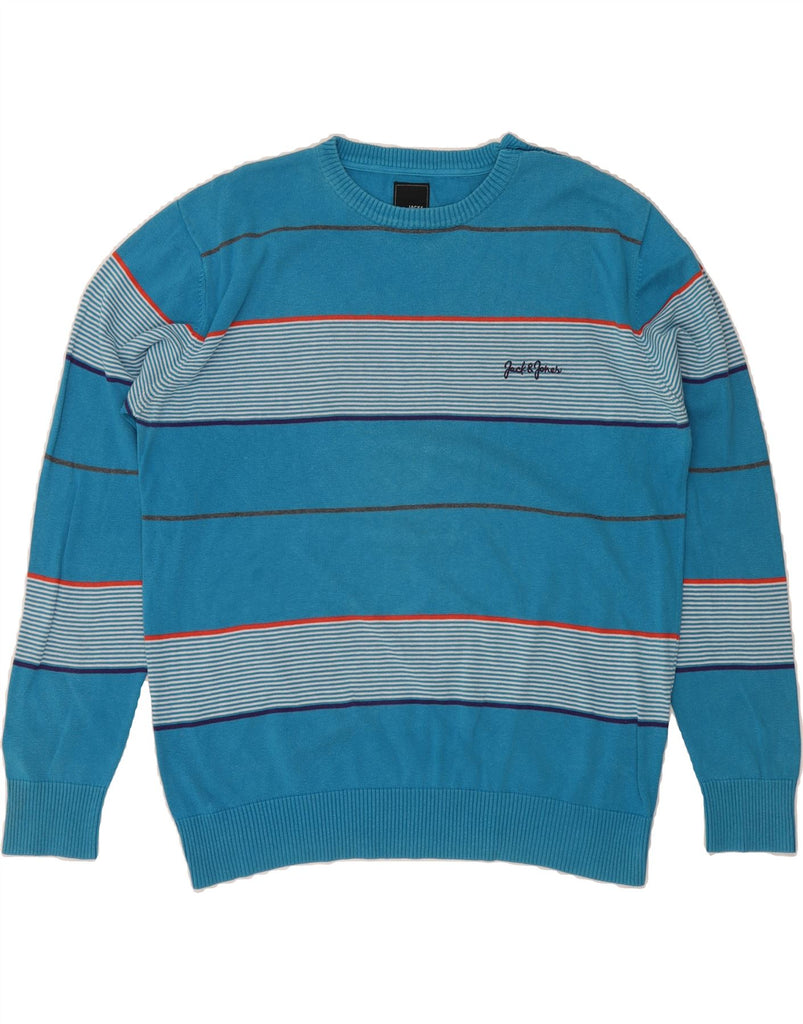 JACK & JONES Mens Crew Neck Jumper Sweater XL Blue Striped Cotton Vintage Jack & Jones and Second-Hand Jack & Jones from Messina Hembry 