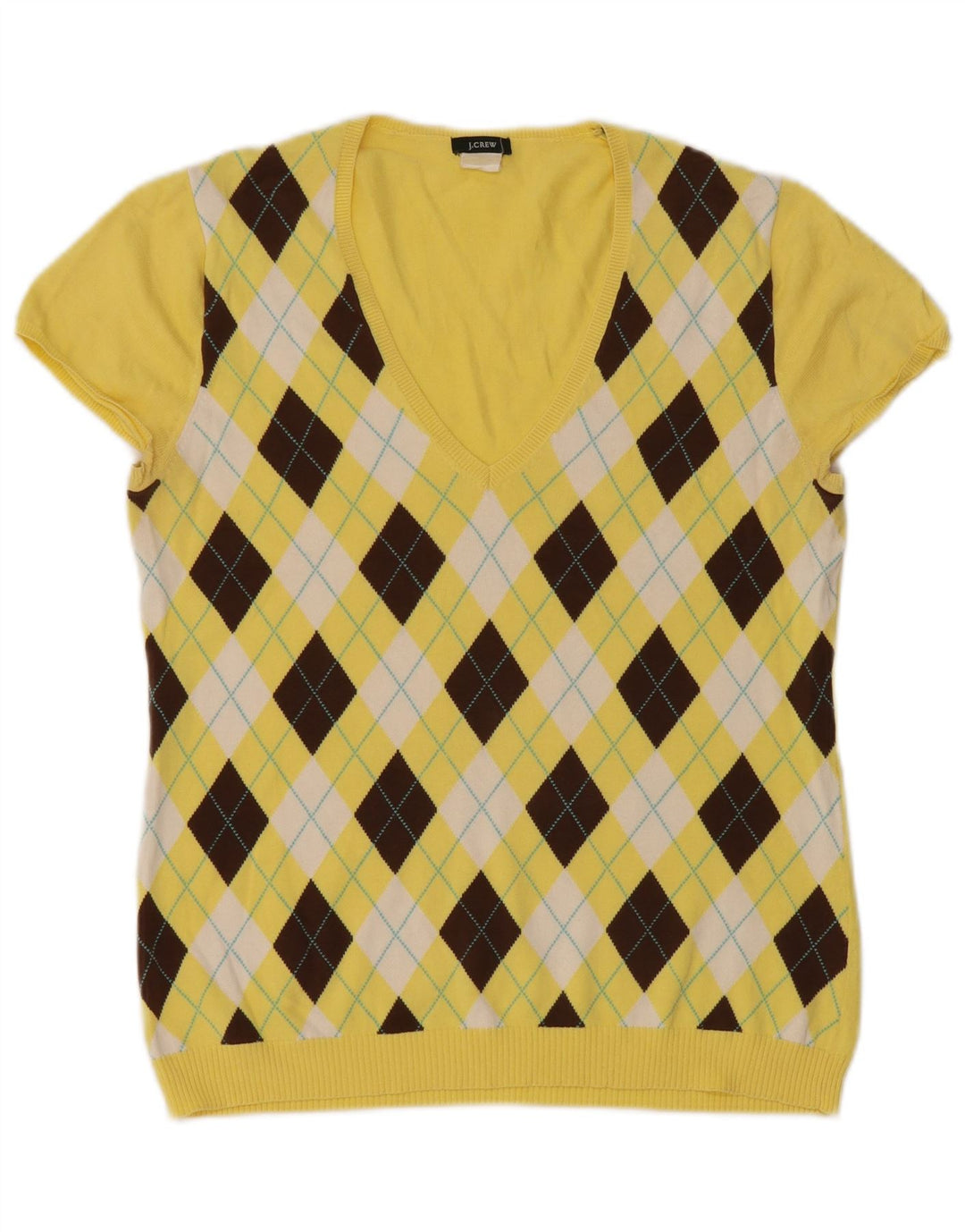 J. CREW Womens V-Neck Jumper Sweater UK 12 Medium Yellow Argyle/Diamond