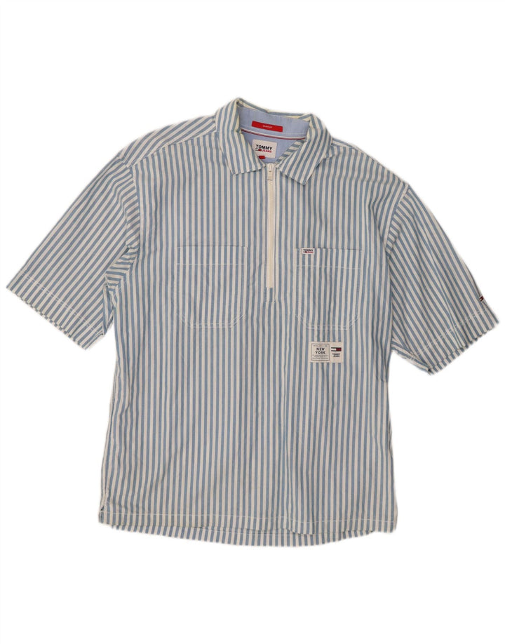 Tommy Hilfiger Mens Short Sleeve Pullover Shirt Medium Blue Striped Cotton