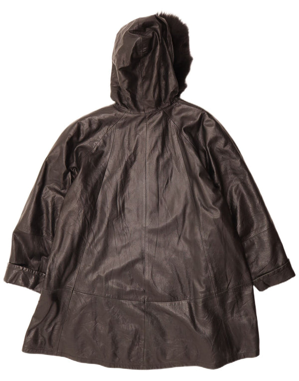 VINTAGE Womens Oversized Hooded Leather Coat IT 42 Medium Black Leather