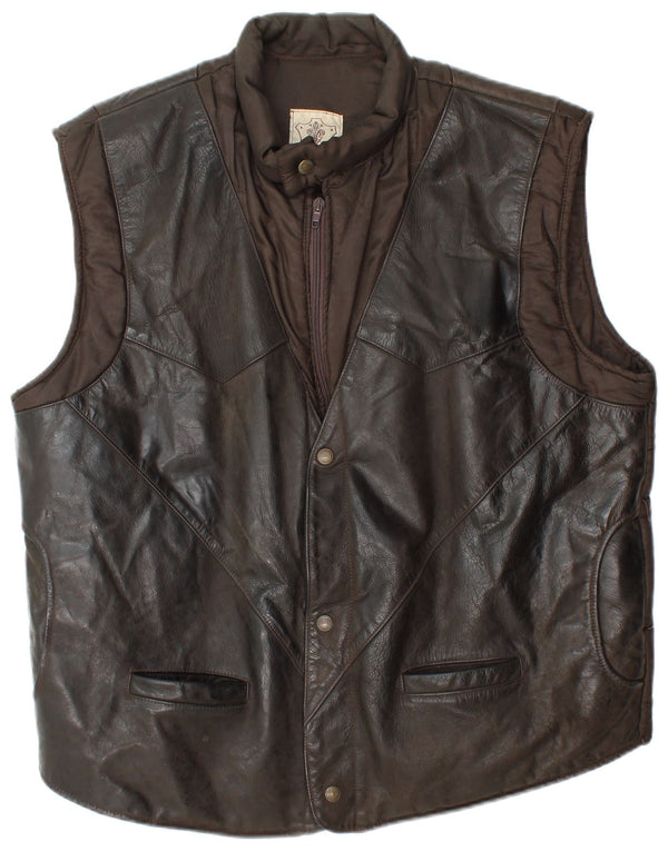 Vintage Mens Leather Padded Gilet UK 40 Large Brown Leather