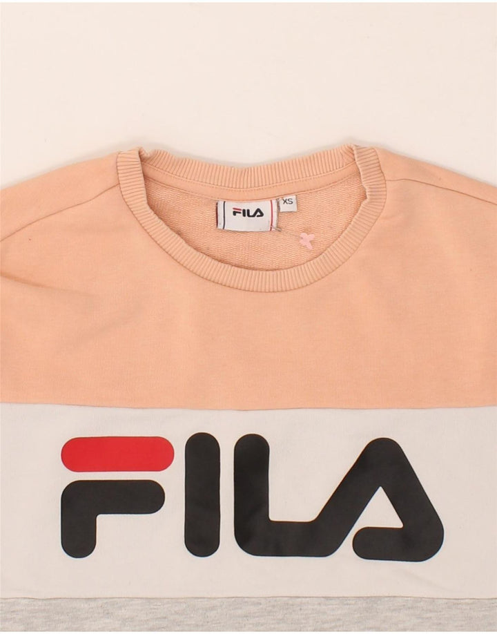 FILA Womens Oversized Graphic Sweatshirt Jumper UK 6 XS Grey Colourblock Vintage Fila and Second-Hand Fila from Messina Hembry 