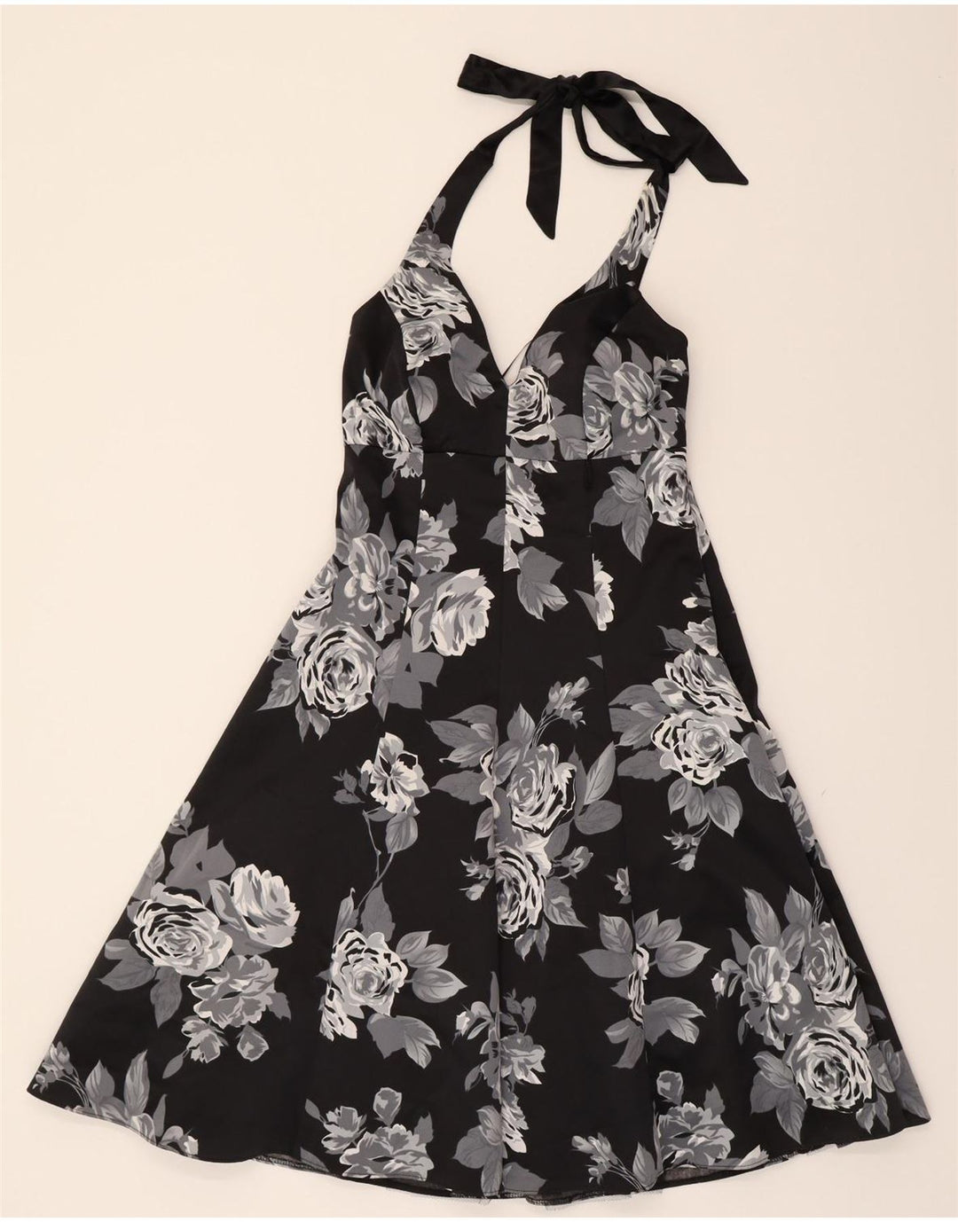DEBUT Womens Halter A-Line Dress UK 8 Small Black Floral Polyester Vintage Debut and Second-Hand Debut from Messina Hembry 