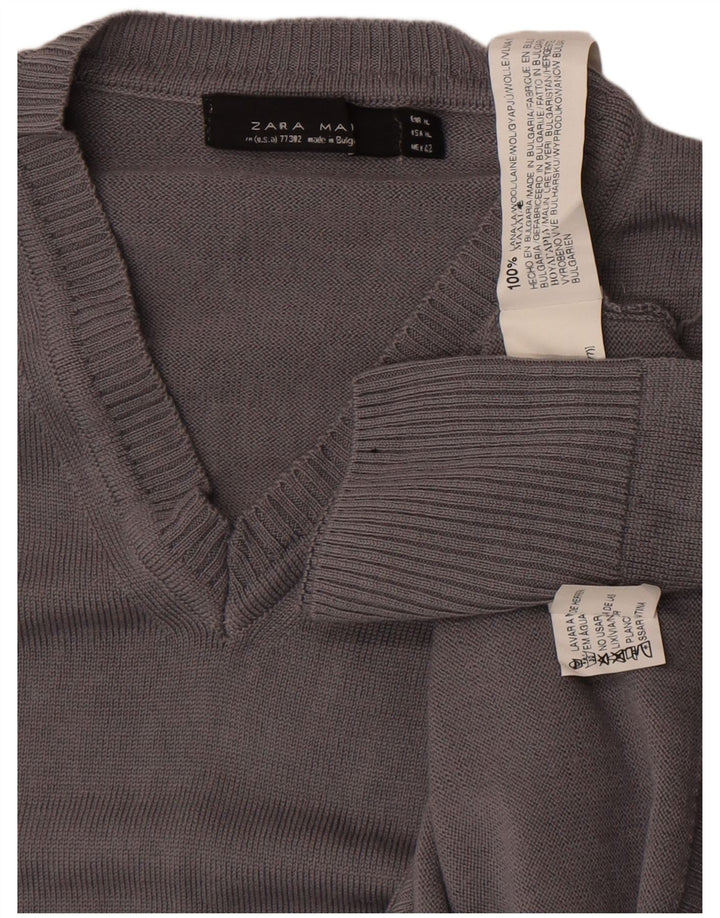 Zara Mens V-Neck Jumper Sweater XL Grey Wool