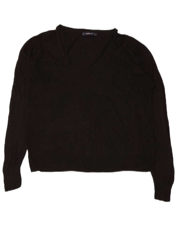 ZARA Womens Oversized V-Neck Jumper Sweater UK 10 Small Black Viscose