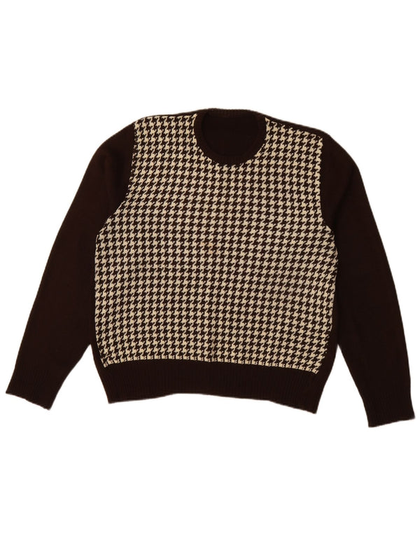 Vintage Womens Crew Neck Jumper Sweater UK 16 Large Brown Houndstooth