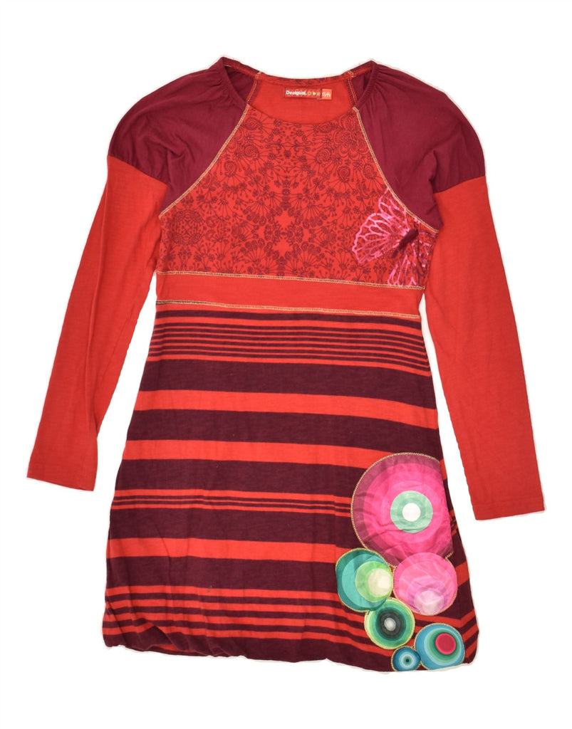 DESIGUAL Girls Long Sleeve A-Line Dress 13-14 Years Red Floral Cotton Vintage Desigual and Second-Hand Desigual from Messina Hembry 