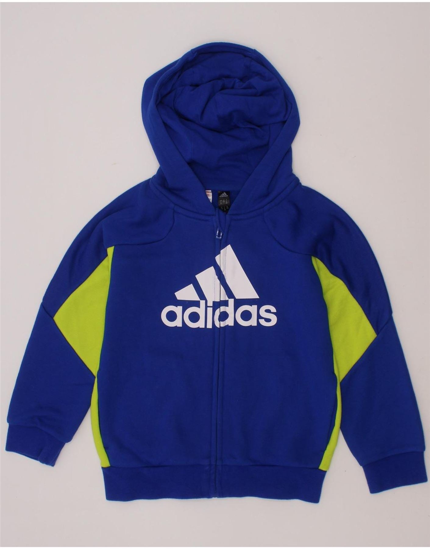 ADIDAS Boys Graphic Hoodie Jumper 5 6 Years Blue Colourblock Polyester Vintage Second Hand Clothing Online Messina Hembry