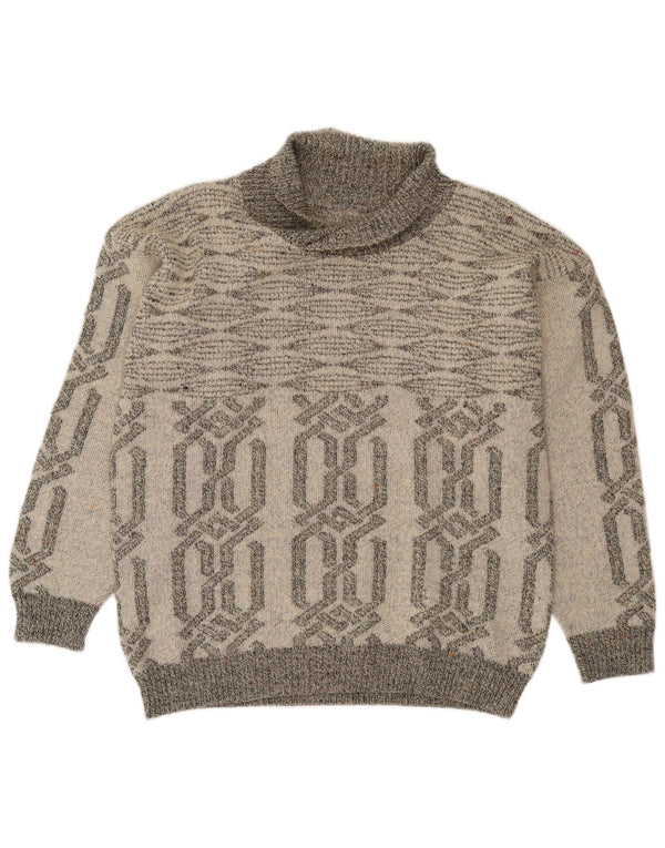 Vintage Mens Shawl Neck Jumper Sweater Small Grey Geometric Acrylic