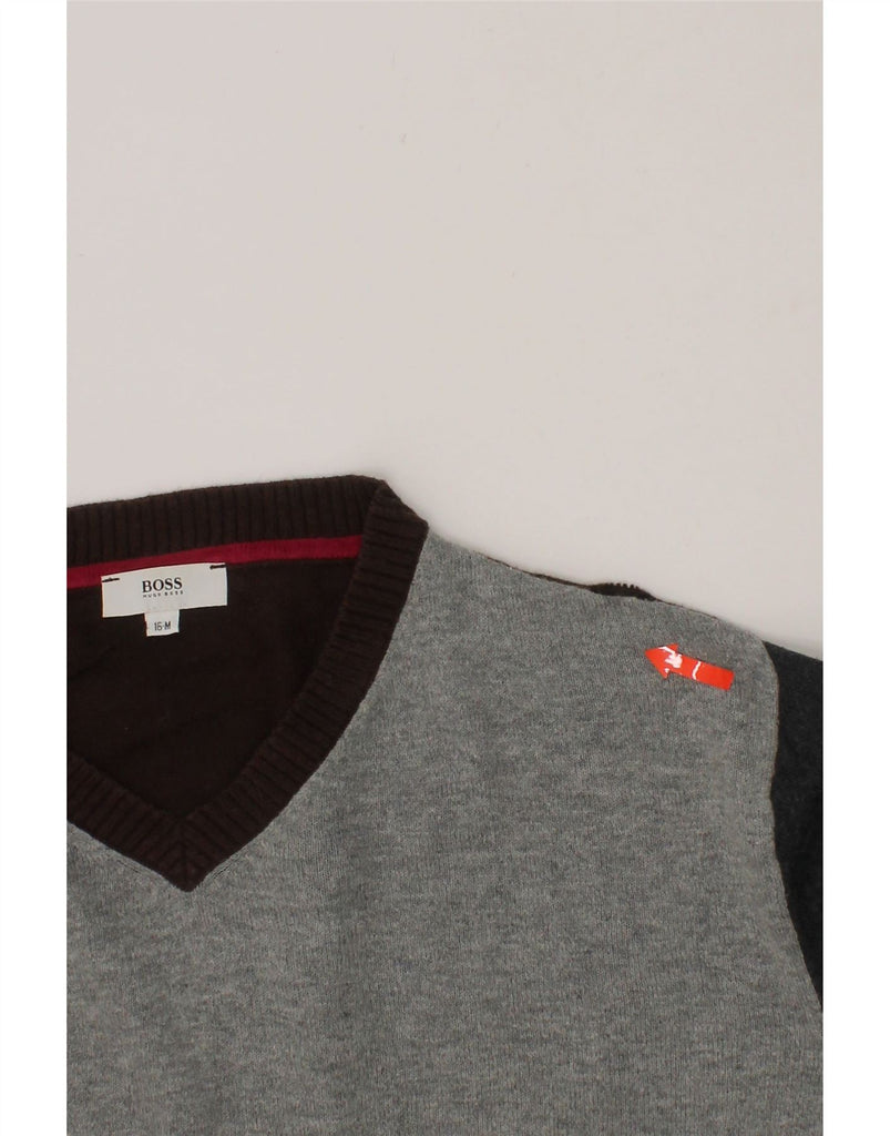 HUGO BOSS Boys V-Neck Jumper Sweater 15-16 Years Grey Colourblock Cotton Vintage Hugo Boss and Second-Hand Hugo Boss from Messina Hembry 