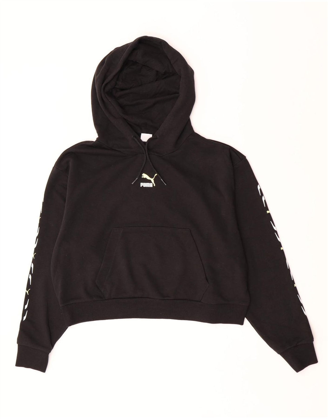 Puma Womens Graphic Crop Hoodie Jumper UK 14 Medium Black Cotton