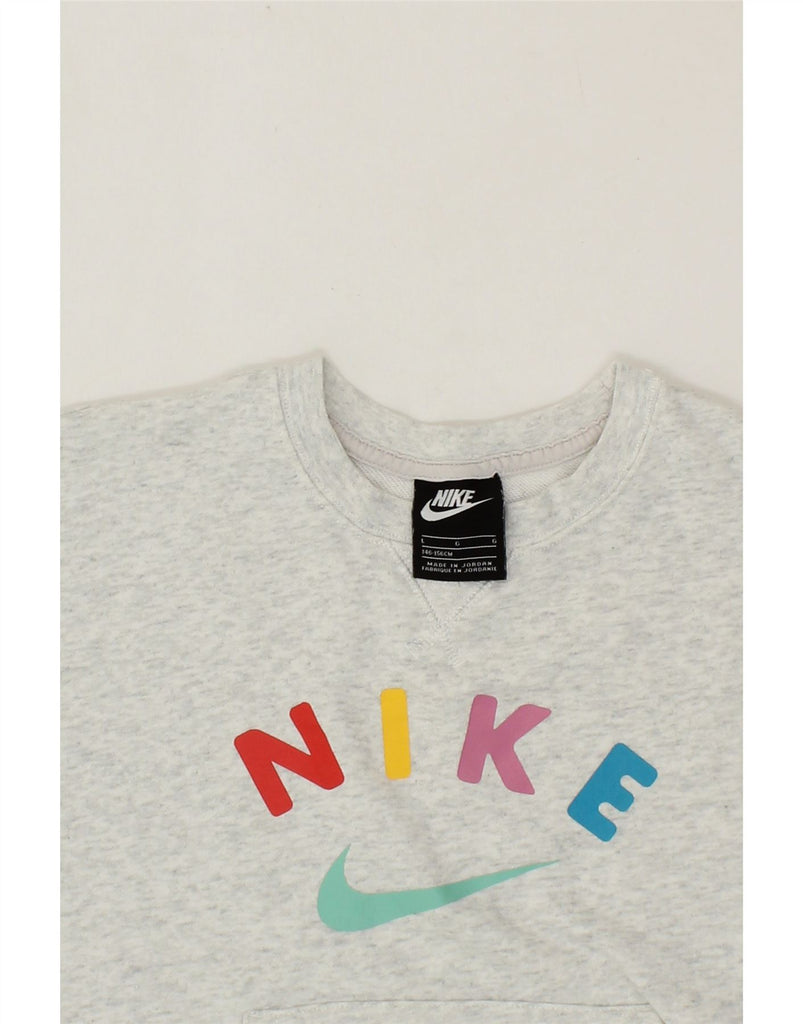 NIKE Girls Graphic Short Sleeve Sweatshirt Jumper 12-13 Years Large Grey Vintage Nike and Second-Hand Nike from Messina Hembry 