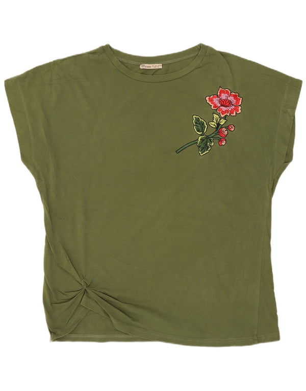 Zara Womens Graphic T-Shirt Top UK 16 Large Khaki Cotton