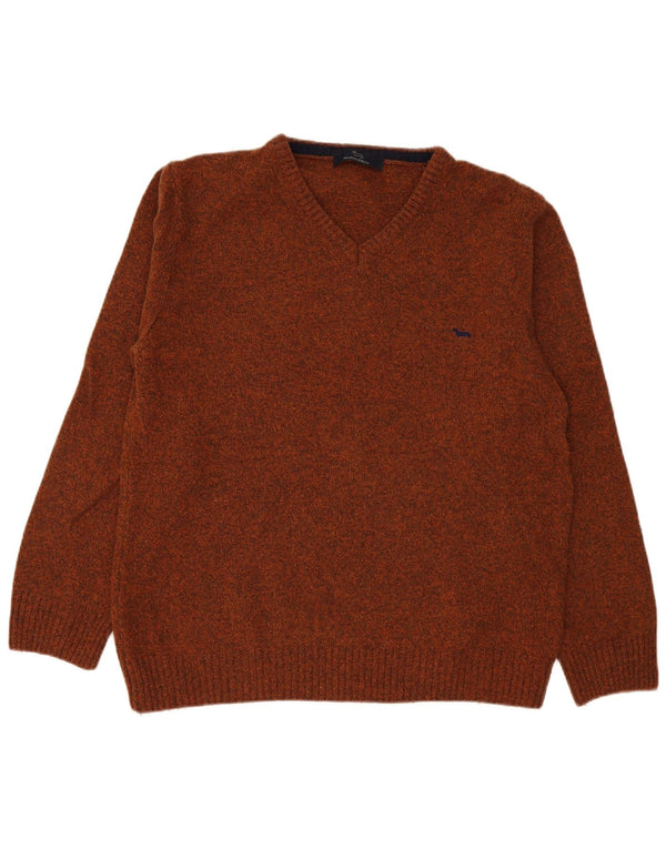 Harmont & Blaine Mens V-Neck Jumper Sweater 2XL Brown Flecked Lambswool