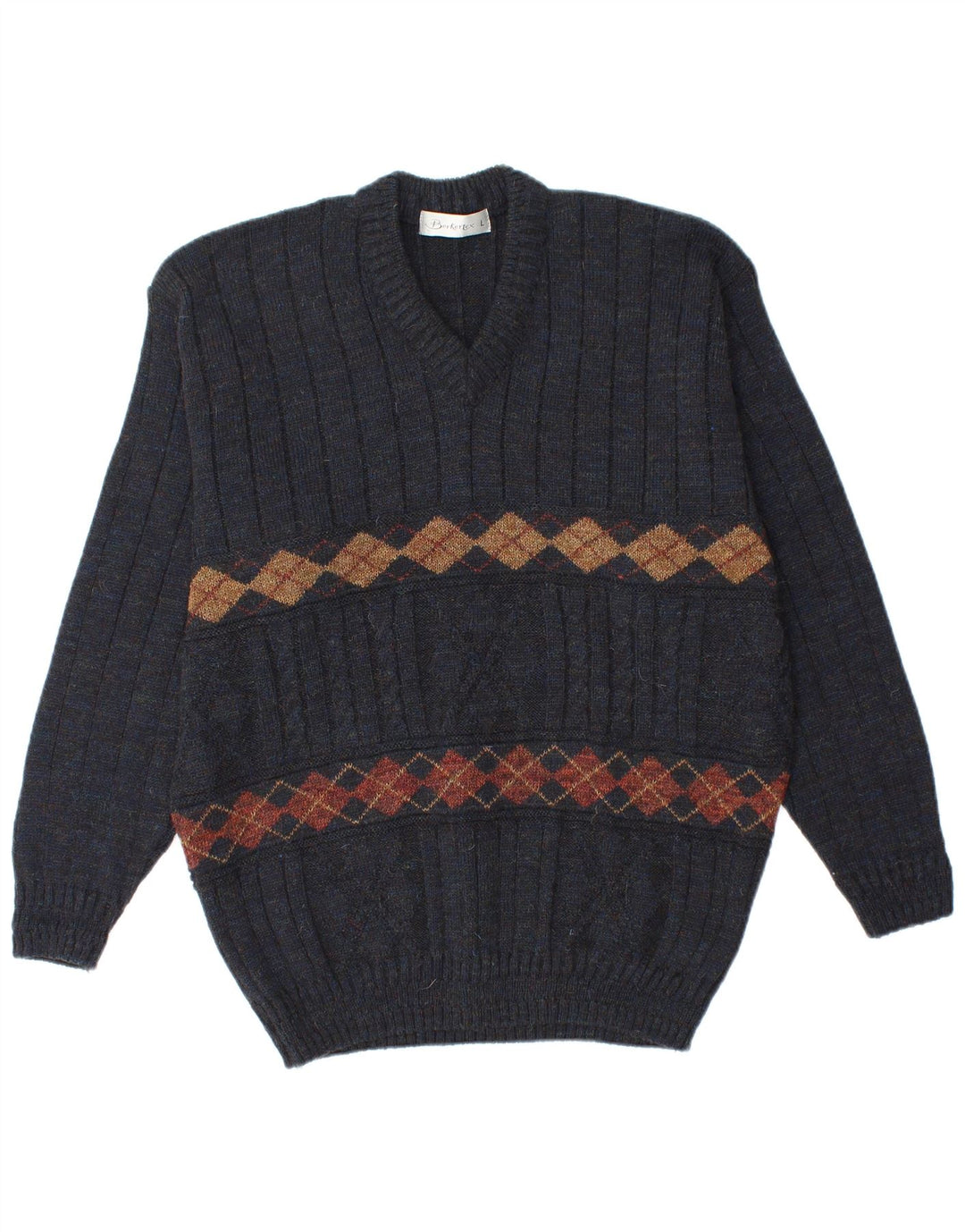 BERKERTEX  Mens V-Neck Jumper Sweater Large Navy Blue Argyle/Diamond