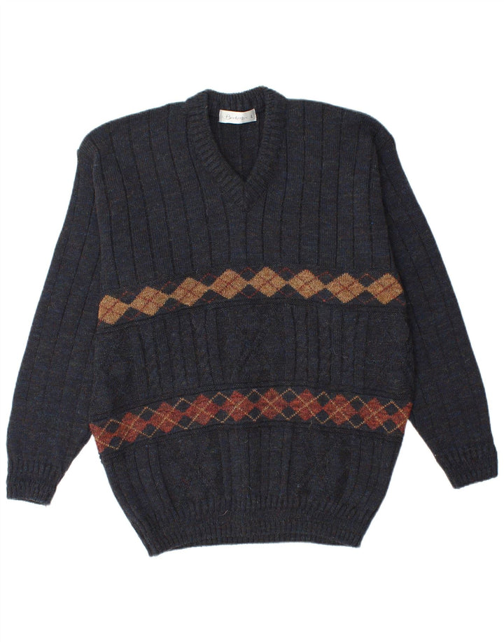 BERKERTEX  Mens V-Neck Jumper Sweater Large Navy Blue Argyle/Diamond