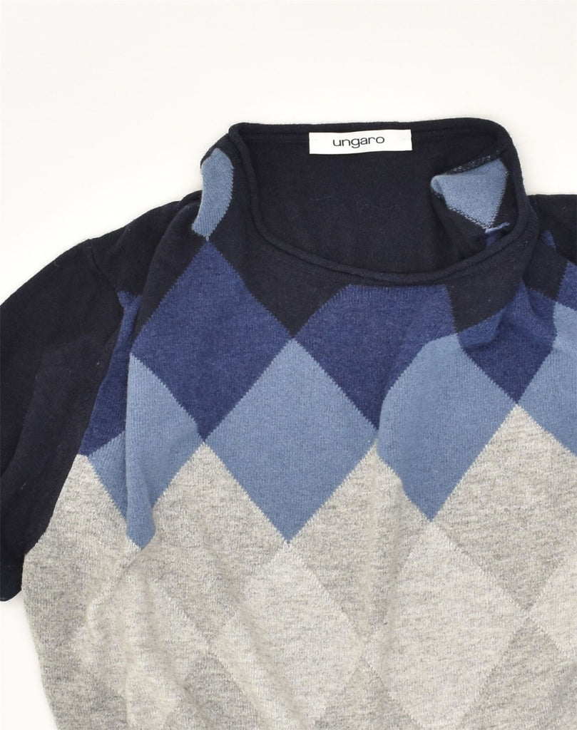 UNGARO Mens Crew Neck Jumper Sweater Medium Navy Blue Argyle/Diamond Wool | Vintage Ungaro | Thrift | Second-Hand Ungaro | Used Clothing | Messina Hembry 