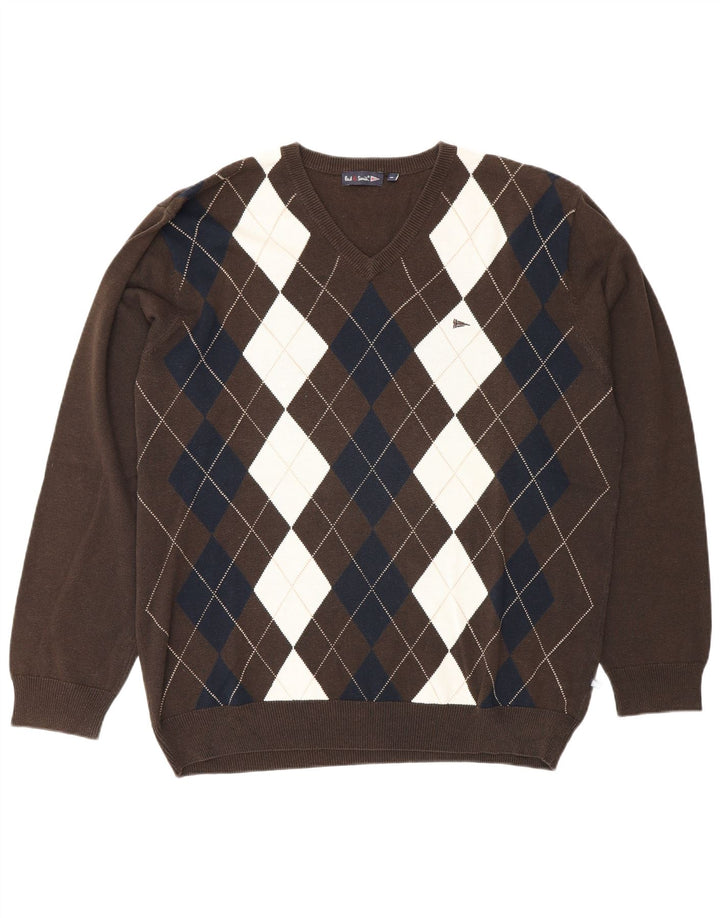 Paul Smith Mens V-Neck Jumper Sweater XL Brown Argyle/Diamond