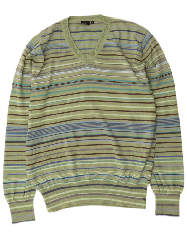 Paul Smith Mens V-Neck Jumper Sweater Large Green Striped Merino Wool