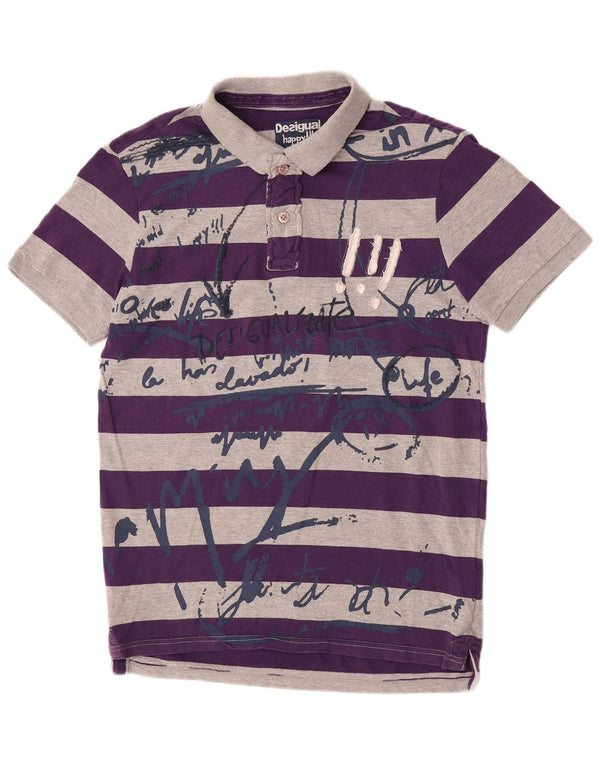 Desigual Mens Graphic Polo Shirt Large Grey Striped Cotton