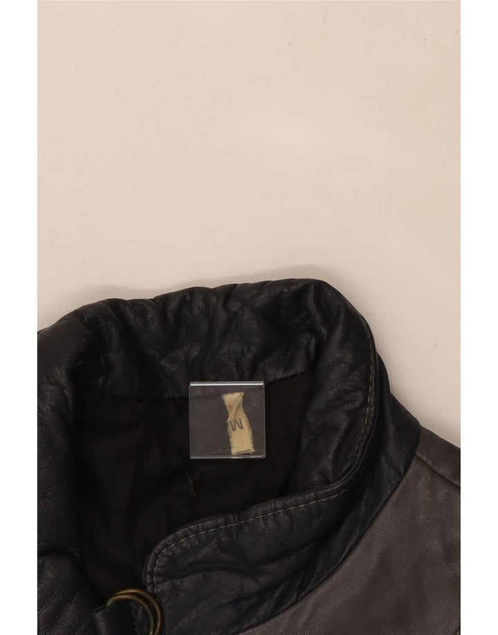 VINTAGE Womens Leather Jacket UK 14 Medium Grey Colourblock