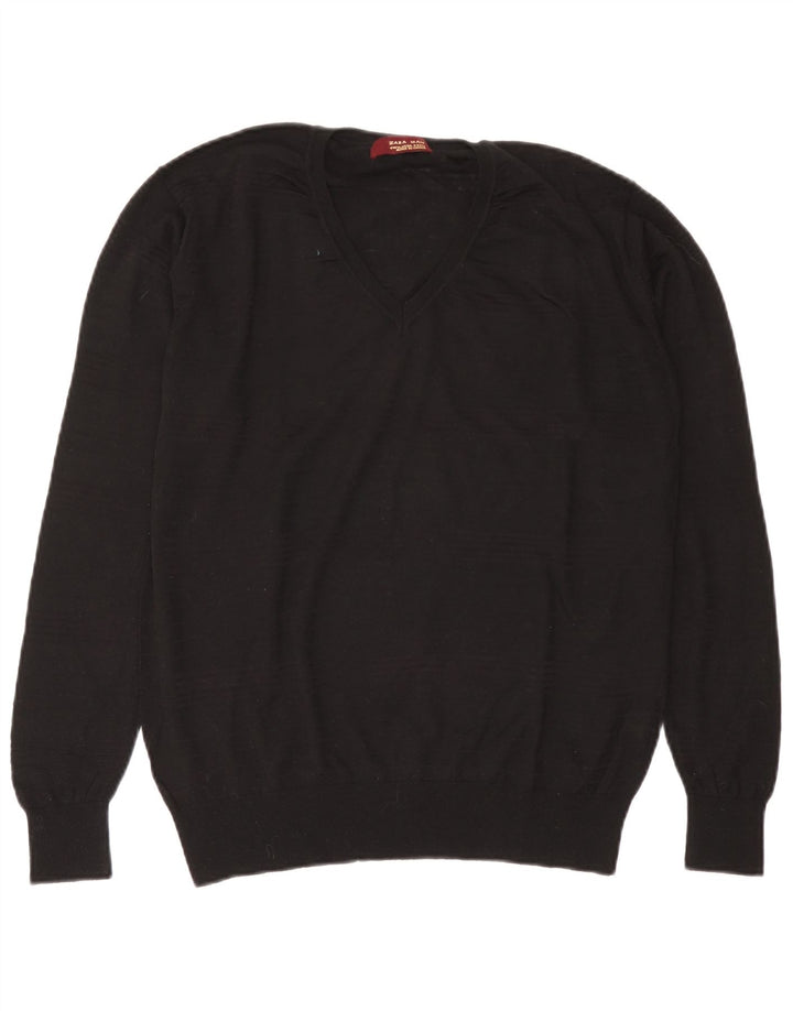 Zara Mens See Through V-Neck Jumper Sweater XL Black Wool
