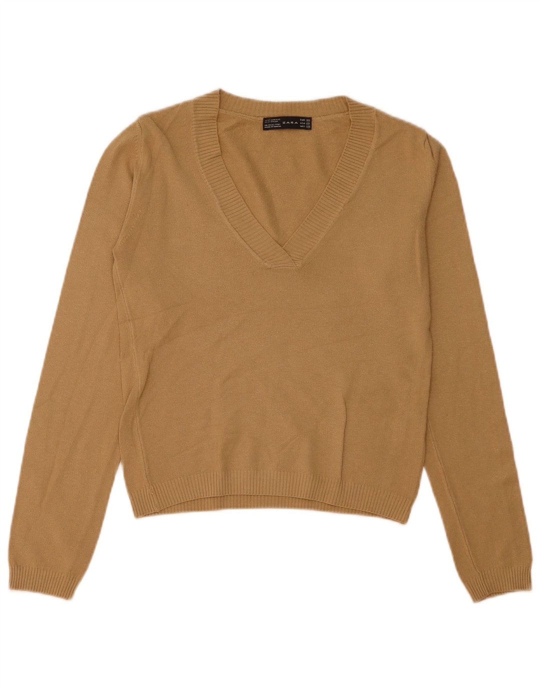 Zara Womens V-Neck Jumper Sweater UK 12 Medium Beige Acrylic