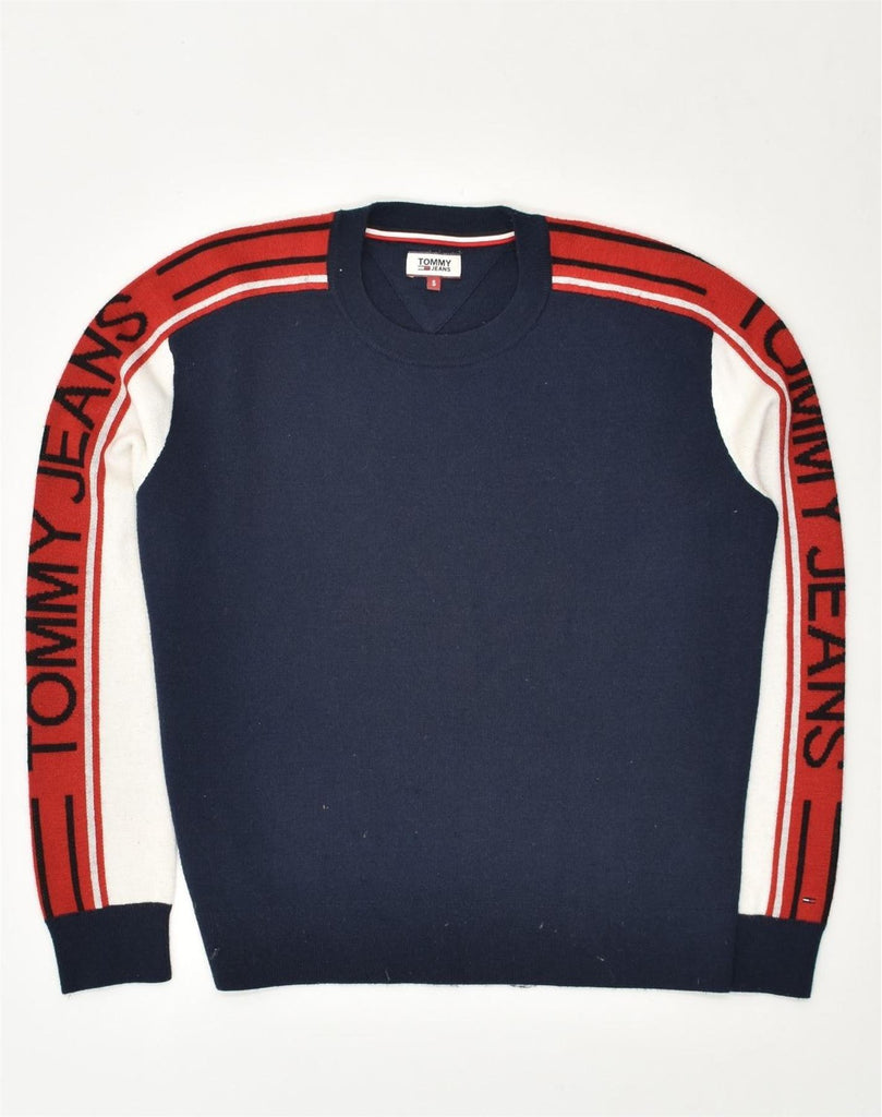 TOMMY HILFIGER Mens Graphic Crew Neck Jumper Sweater Small Navy Blue | Vintage Tommy Hilfiger | Thrift | Second-Hand Tommy Hilfiger | Used Clothing | Messina Hembry 