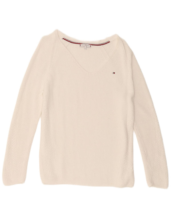 Tommy Hilfiger Womens V-Neck Jumper Sweater UK 14 Medium White Cotton