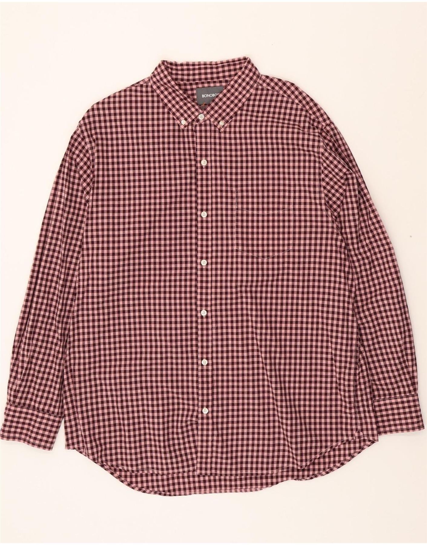 BONOBOS Mens Standard Fit Shirt 2XL Burgundy Gingham Cotton