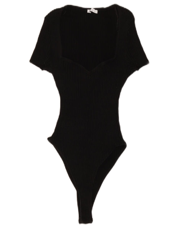 Zara Womens Short Sleeve Bodysuit UK 16 Large Black Cotton