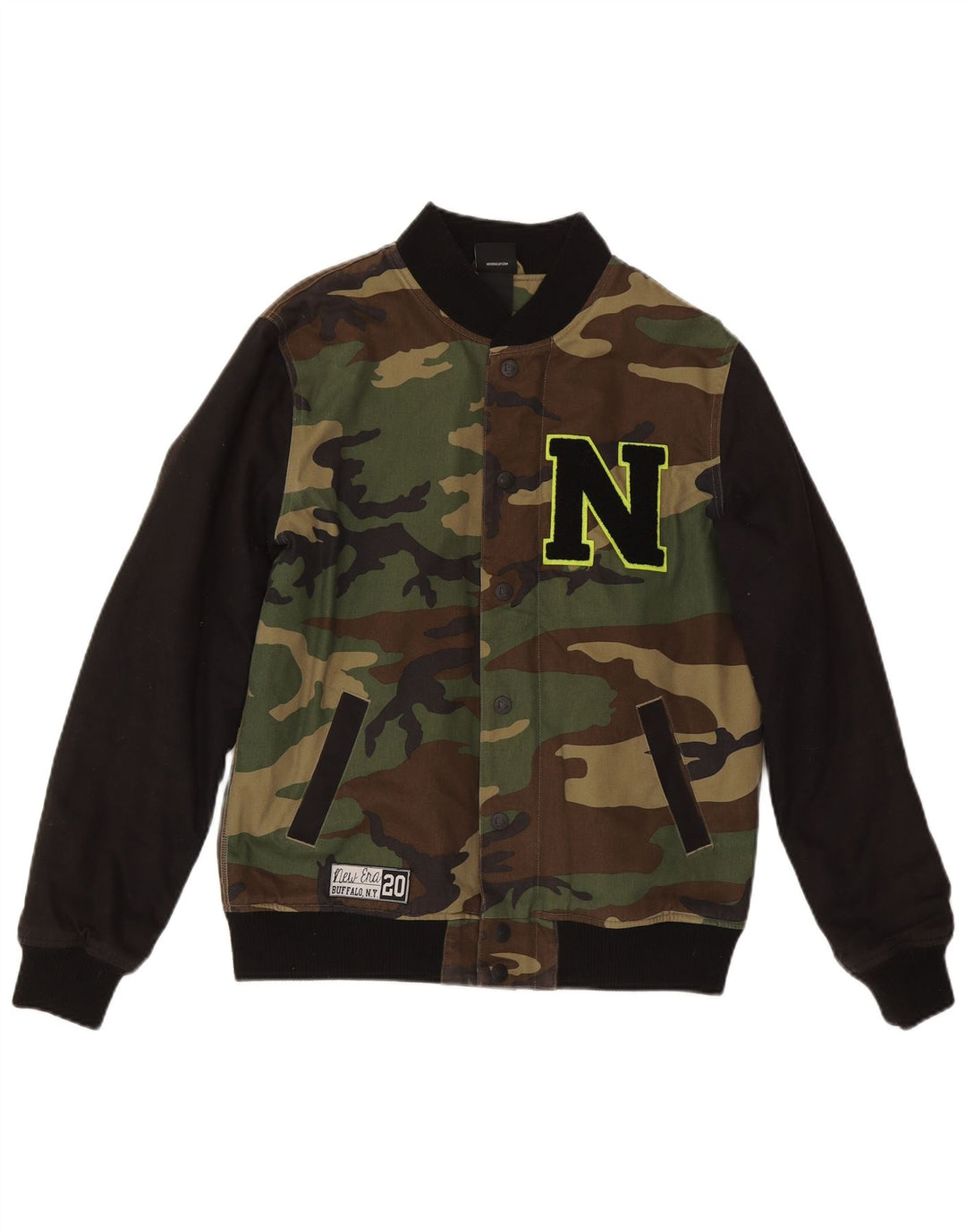 New Era Mens Graphic Varsity Jacket UK 36 Small Khaki Camouflage Cotton
