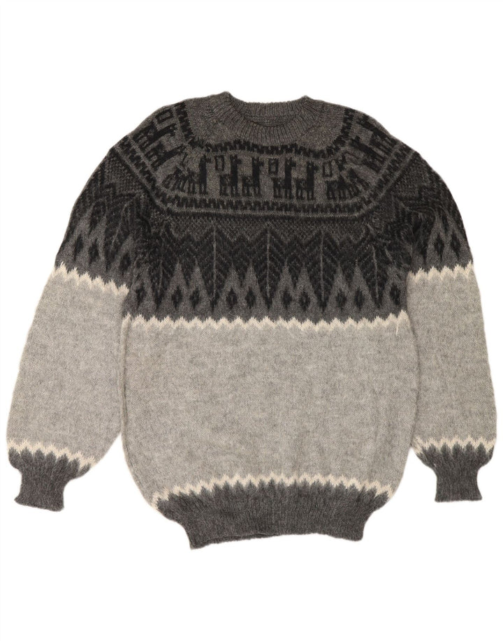 Vintage Mens Crew Neck Jumper Sweater Small Grey Geometric
