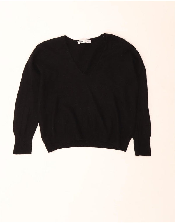 Zara Womens Crop V-Neck Jumper Sweater UK 10 Small Black Wool