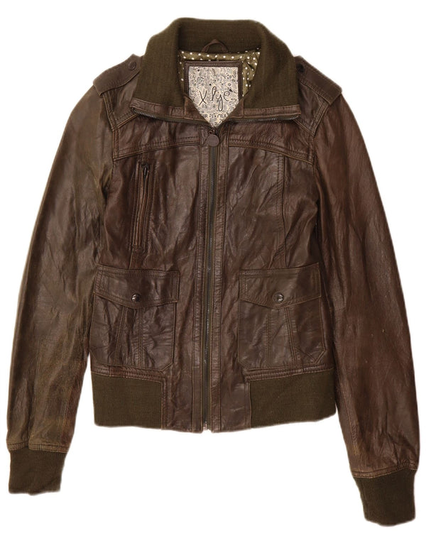 XDYE Womens Military Leather Jacket UK 8 Small Khaki Leather